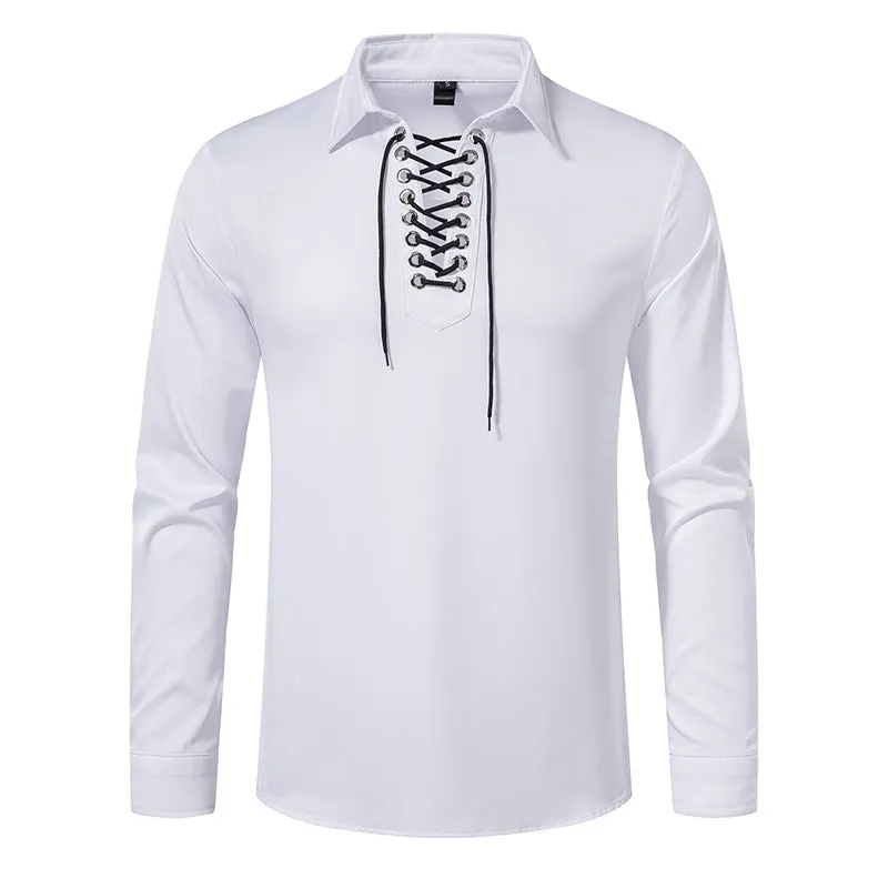 Men Turnover Collar Tied Straps Long Sleeves T-Shirt