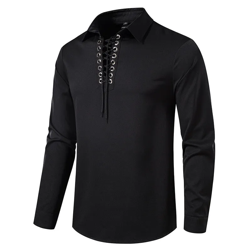 Men Turnover Collar Tied Straps Long Sleeves T-Shirt