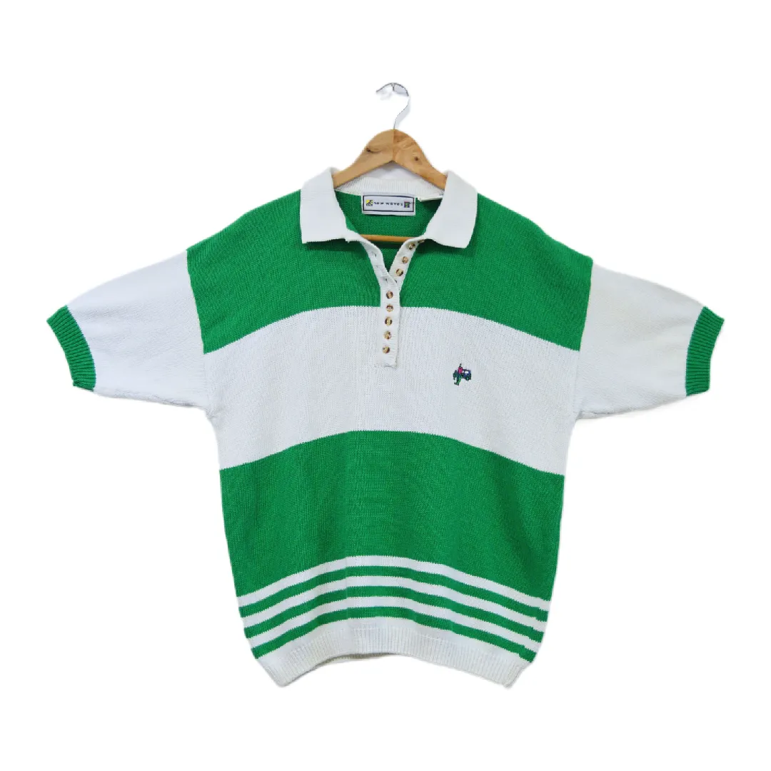 Men's Green and White Stripe Cotton Polo Shirt with Tiny Man Embroidery | M-L