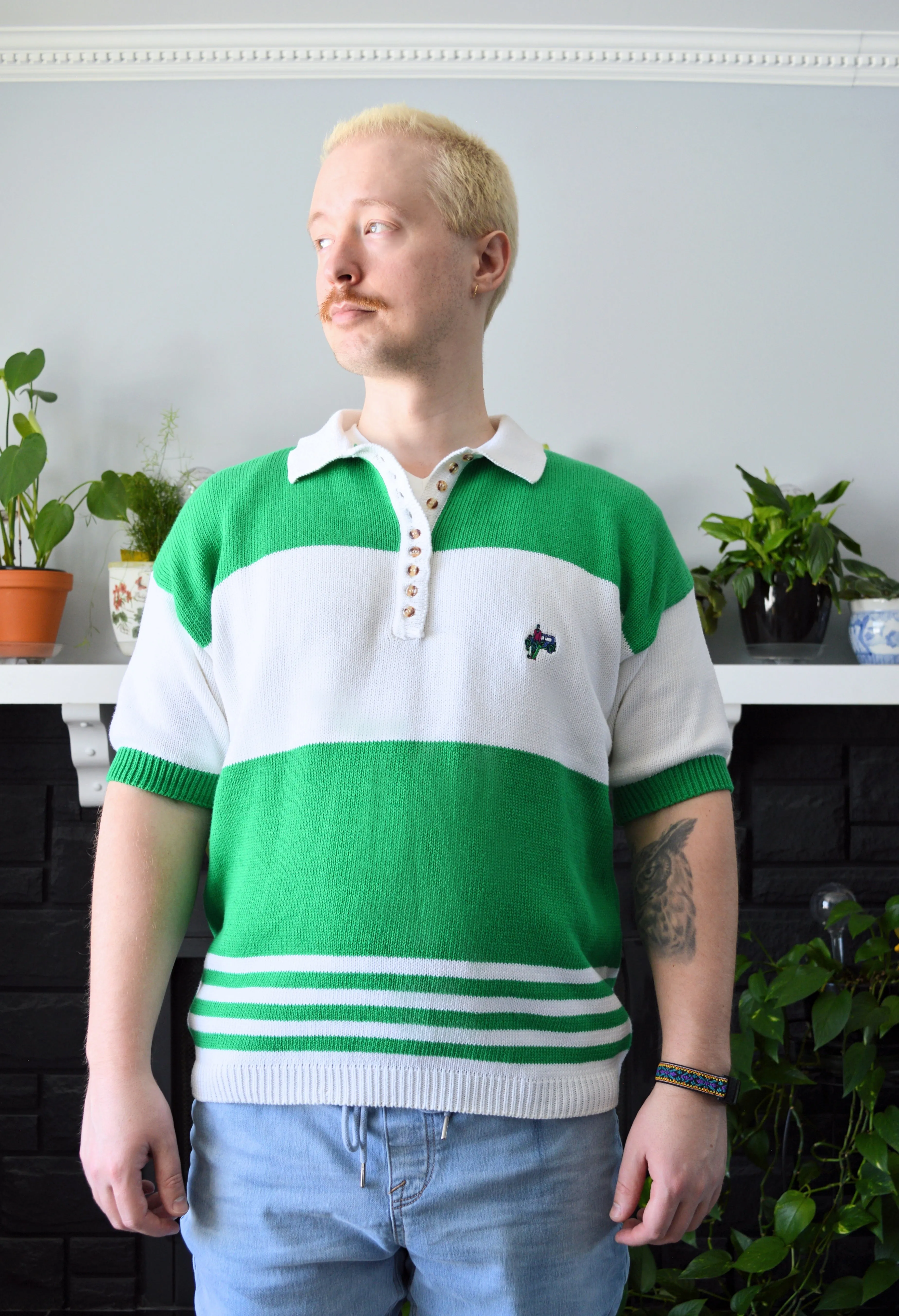 Men's Green and White Stripe Cotton Polo Shirt with Tiny Man Embroidery | M-L