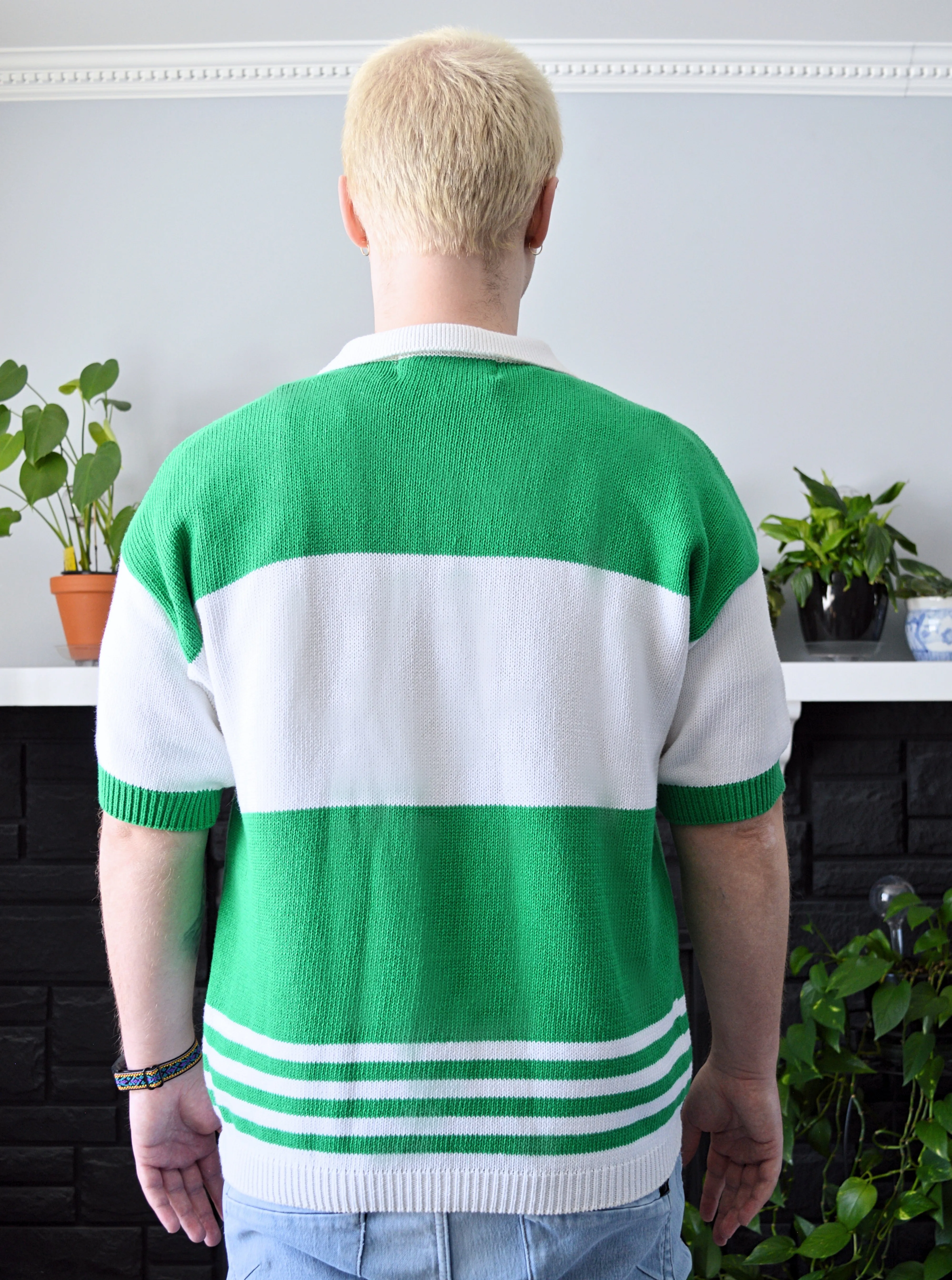 Men's Green and White Stripe Cotton Polo Shirt with Tiny Man Embroidery | M-L