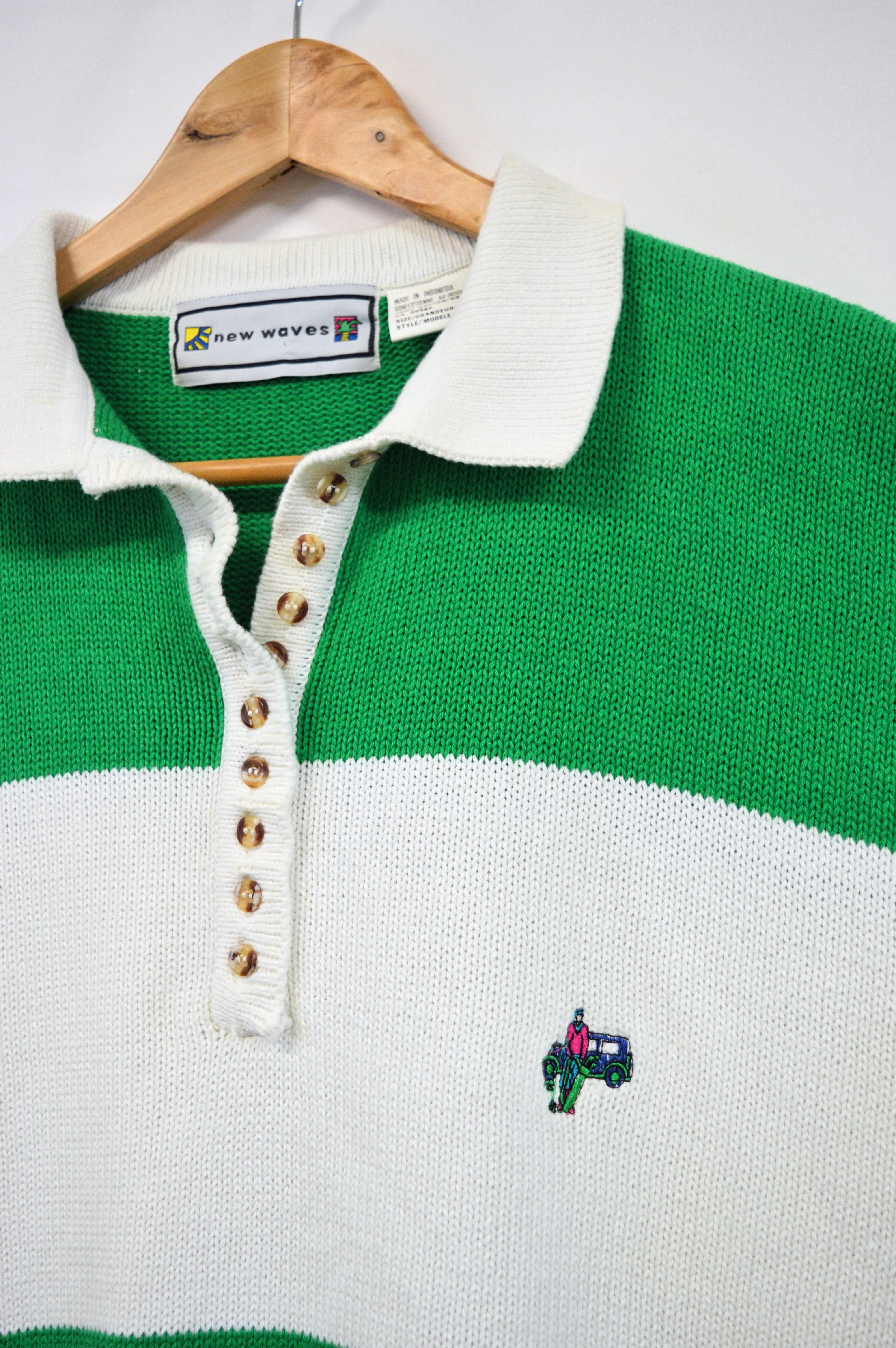 Men's Green and White Stripe Cotton Polo Shirt with Tiny Man Embroidery | M-L