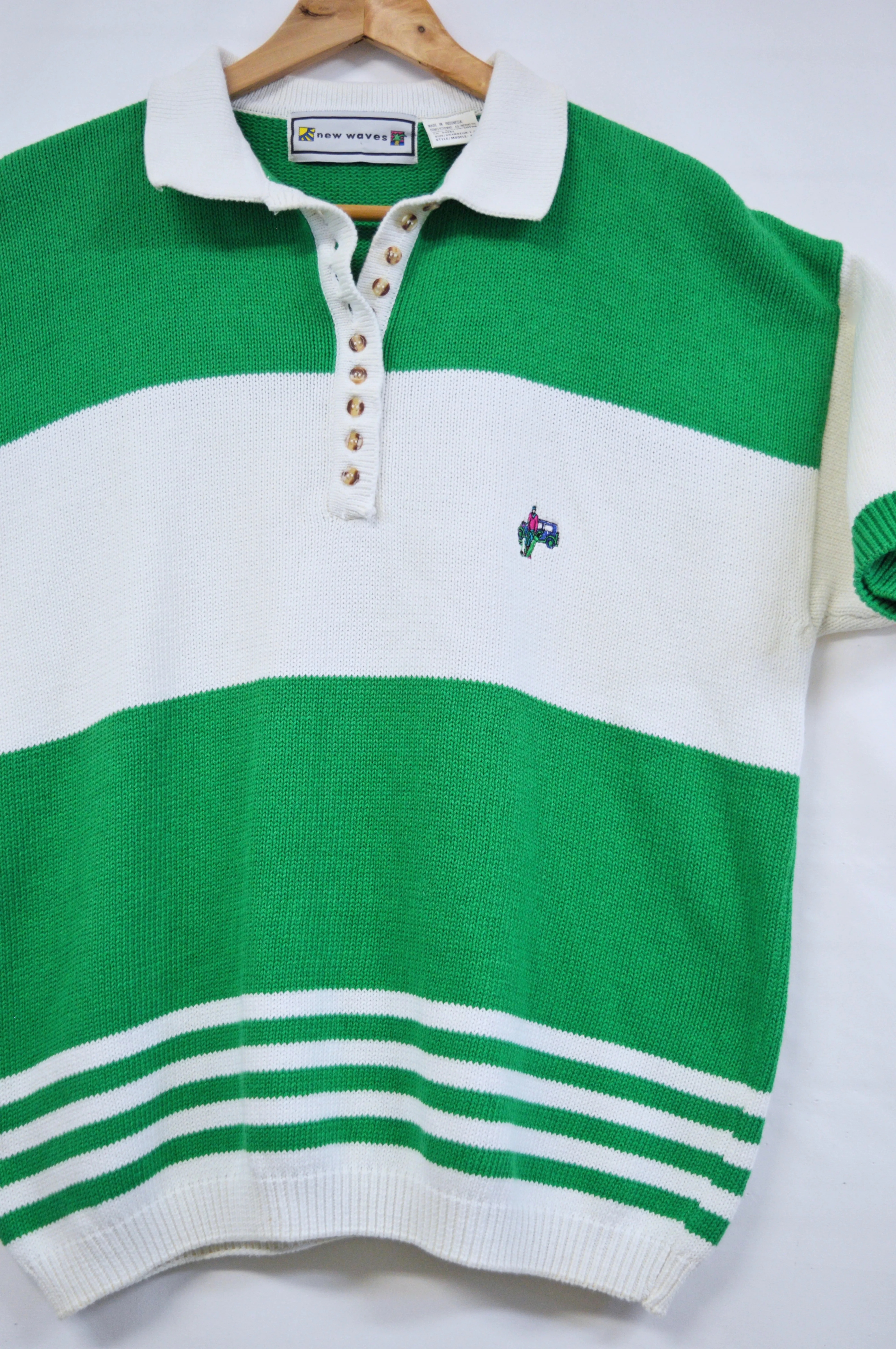 Men's Green and White Stripe Cotton Polo Shirt with Tiny Man Embroidery | M-L