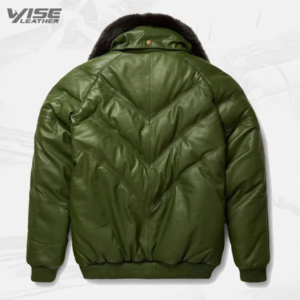 Men's Green V-Bomber Leather Jacket - Modern Style Meets Classic Design