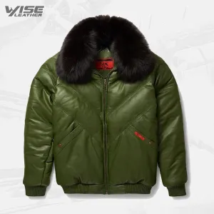 Men's Green V-Bomber Leather Jacket - Modern Style Meets Classic Design