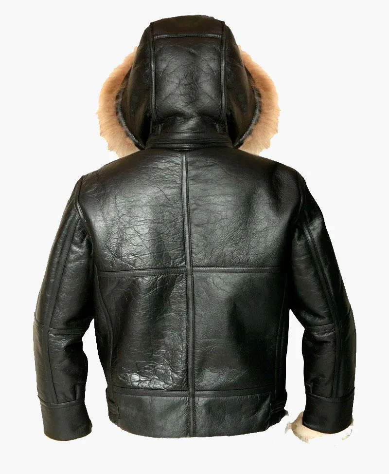 Men's Hooded Flight Bomber Leather Jacket with Fur Lining