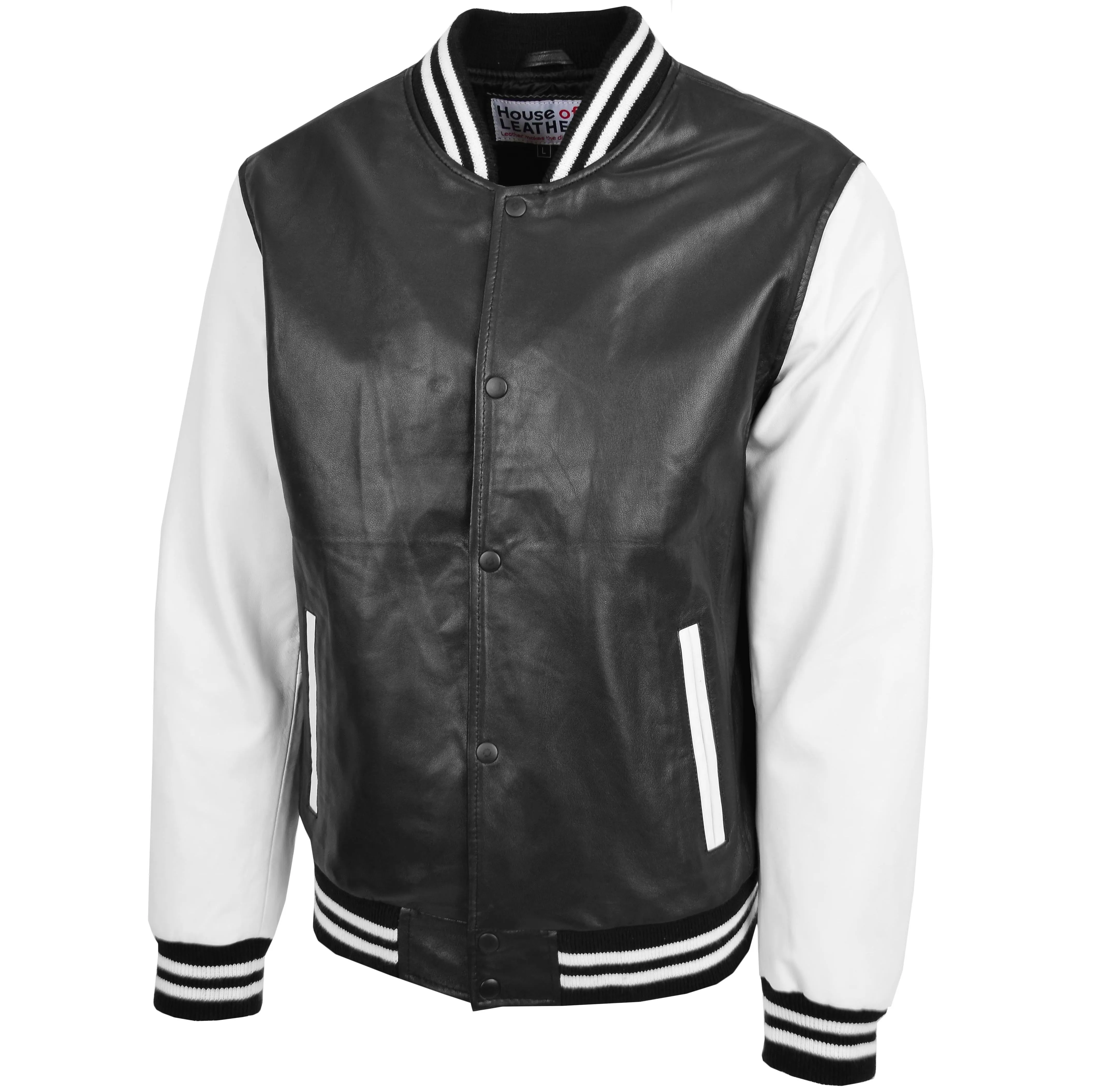 Mens Leather College Boy Varsity Jacket Garry Black White