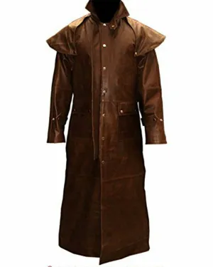 Mens Riding Coat Brown Leather Duster Hunting Steampunk Van Helsing Trench Coat - T7