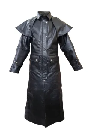 Mens Riding Hunting Trench Coat Black Leather Duster Steampunk (T7-Blk)