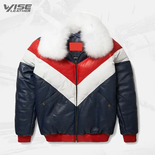 Men’s Sheepskin Bubble V Bomber Jacket with Fox Fur Collar