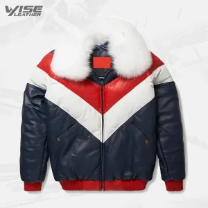 Men’s Sheepskin Bubble V Bomber Jacket with Fox Fur Collar