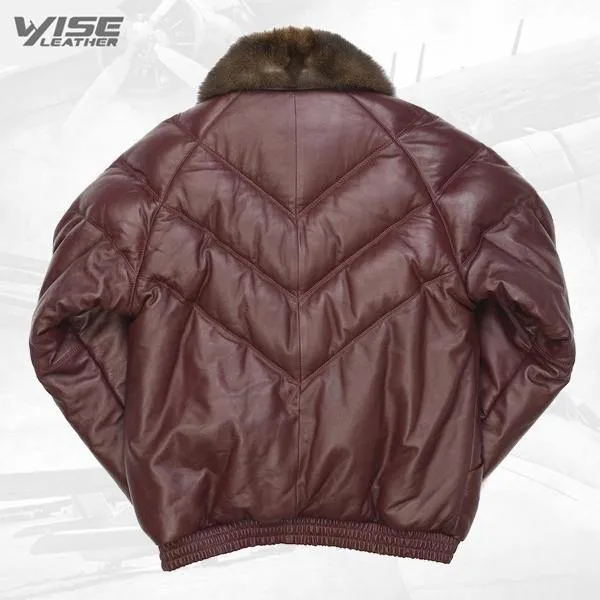 Men's V-Bomber Burgundy Leather Jacket