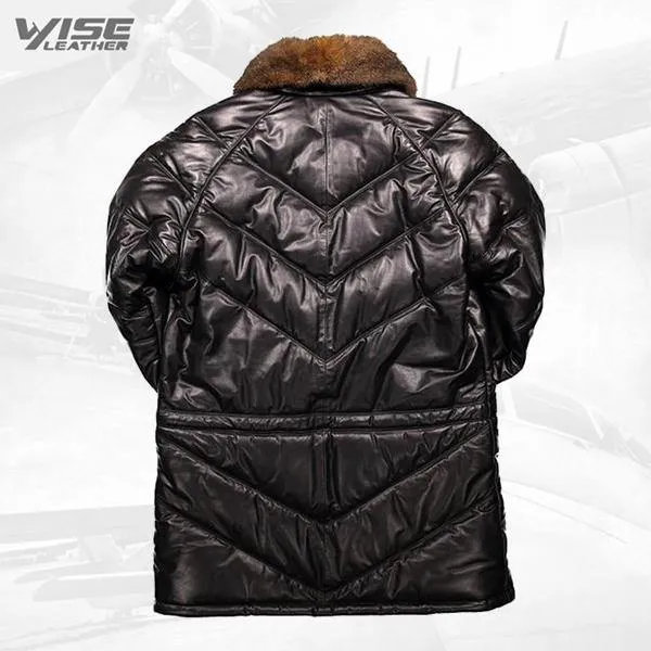 Men's V-Series Black Leather Bomber Coat with Fox Collar