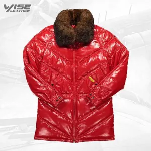 Men's V-Series Red Leather Bomber Coat with Fox Collar