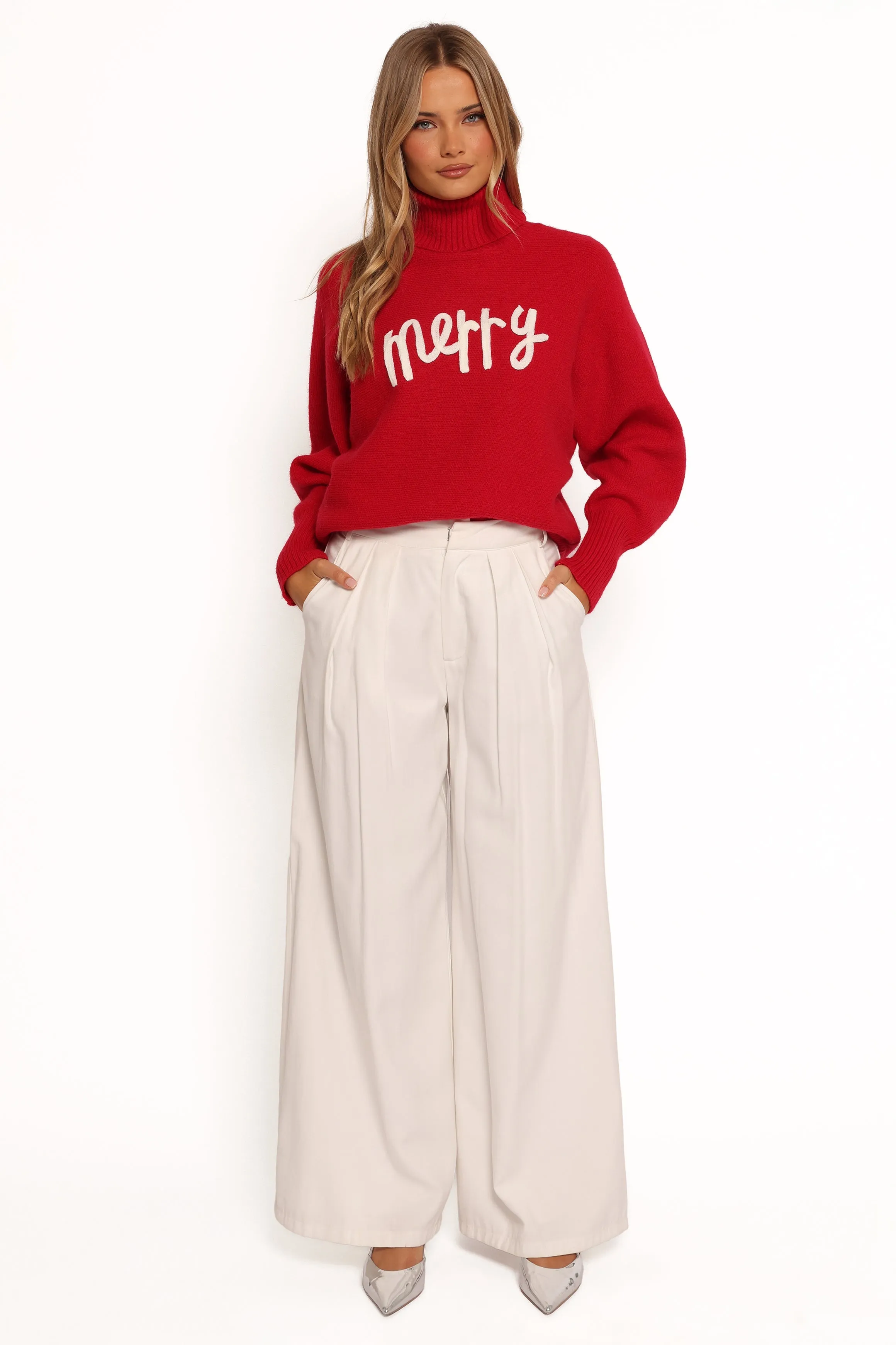 Merry Turtleneck Knit Sweater - Red/White