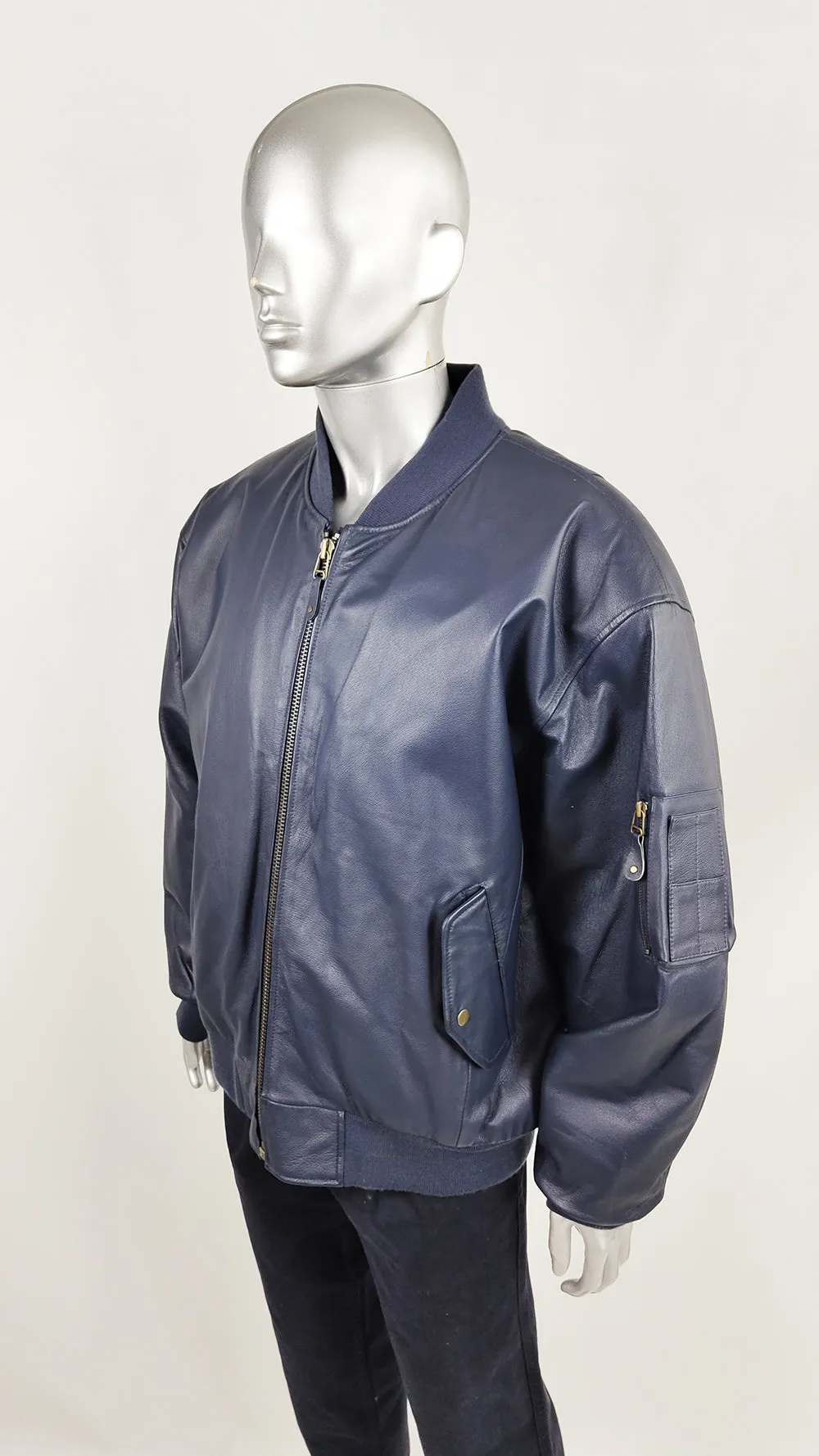 Michael Hoban Vintage US Navy Blue Leather Bomber Jacket, 1980s