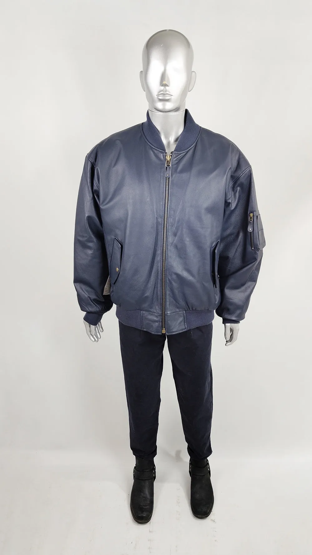 Michael Hoban Vintage US Navy Blue Leather Bomber Jacket, 1980s