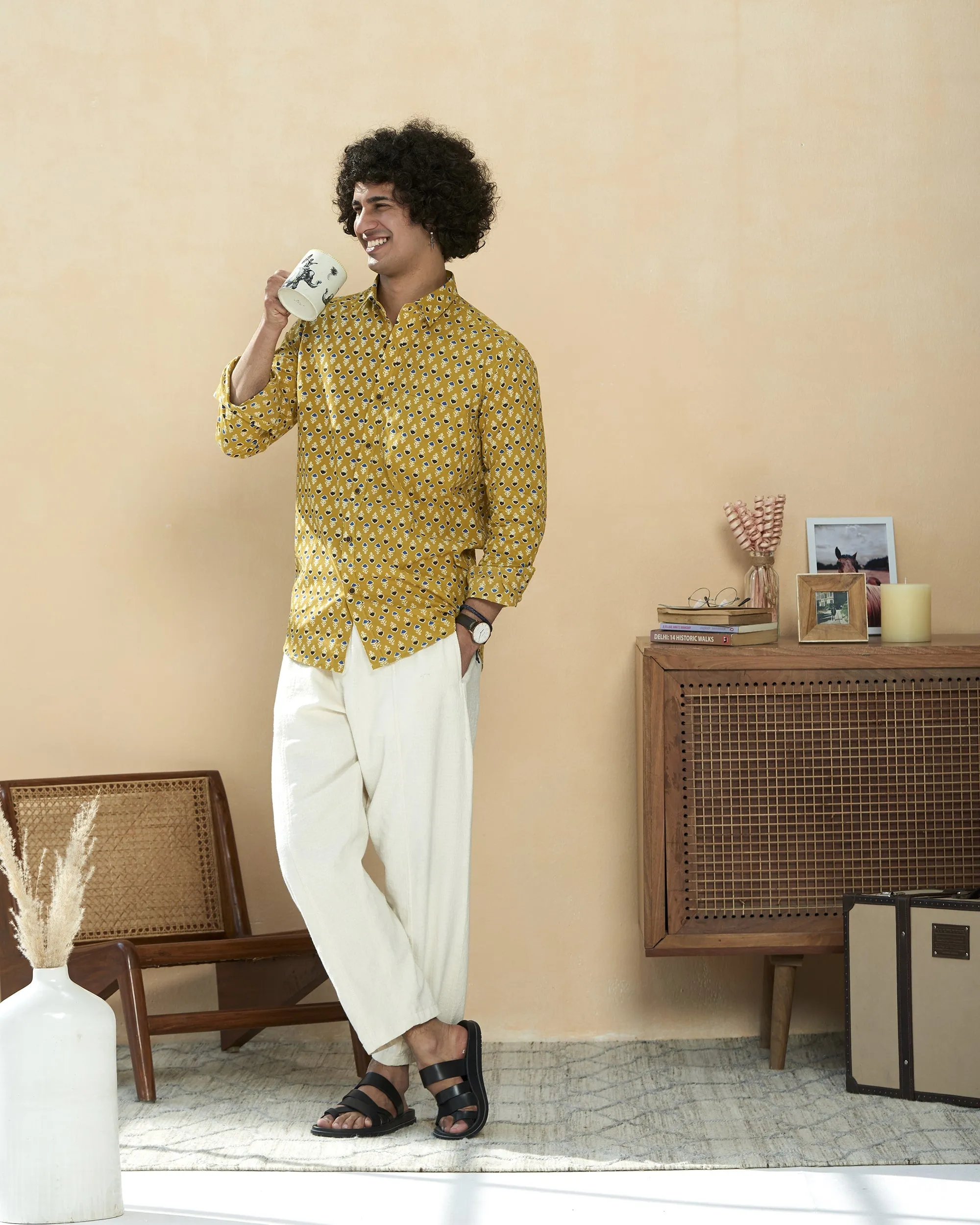 Mustered Yellow Full Sleeve Cotton Hand Block Printed Men’s Shirt