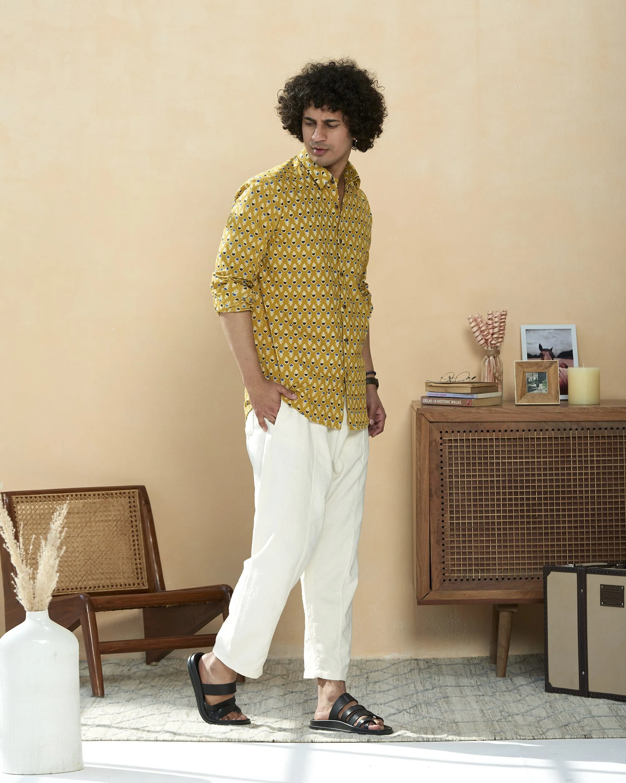 Mustered Yellow Full Sleeve Cotton Hand Block Printed Men’s Shirt