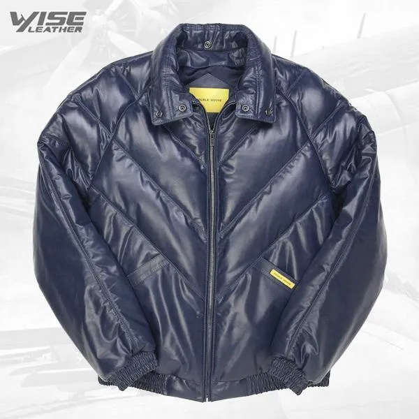 Navy Blue V-Bomber Luxury Leather Jacket