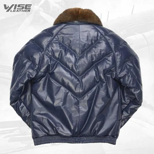 Navy Blue V-Bomber Luxury Leather Jacket