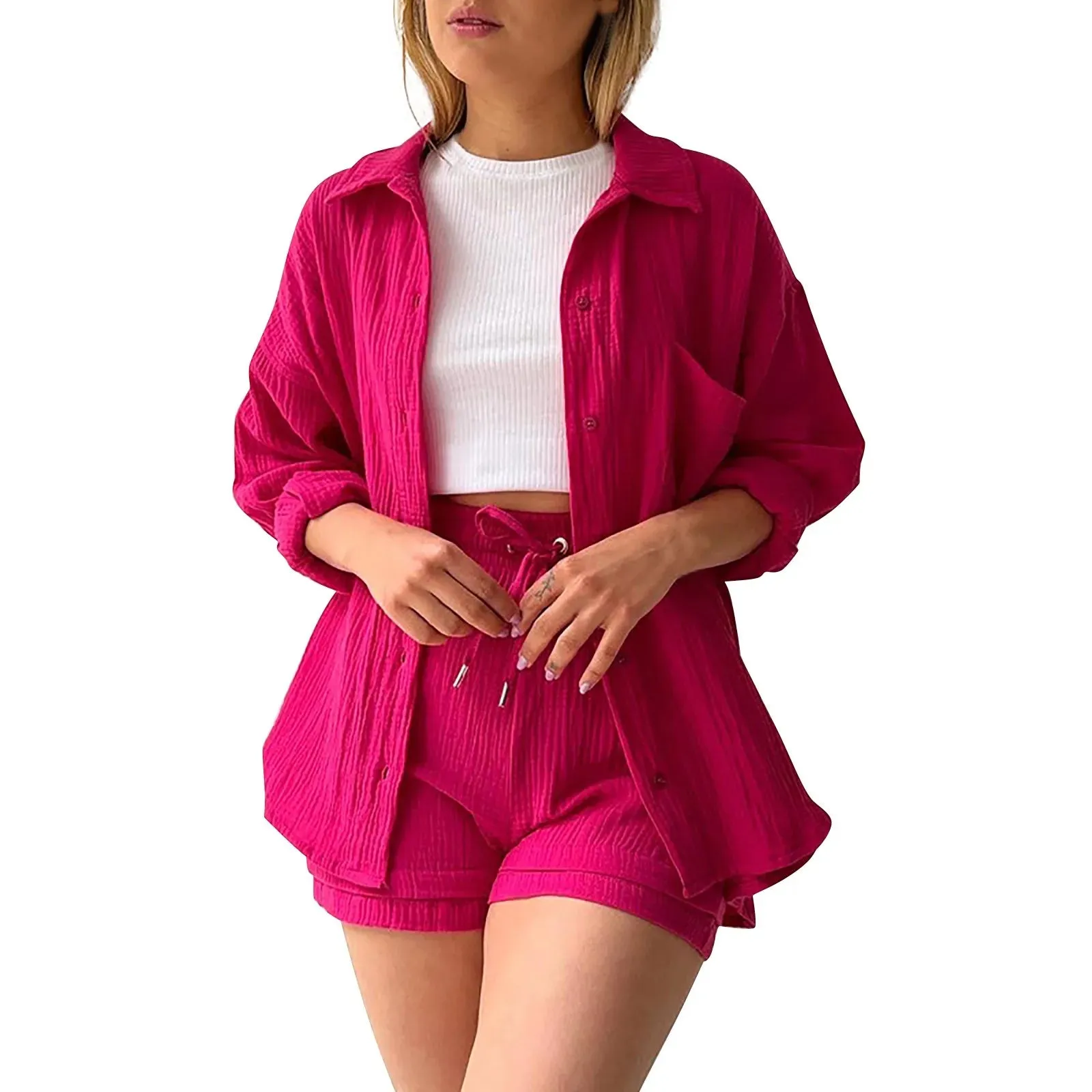 New Hot Pink Fashion Casual Solid Wrinkled Long Beach Summer Set