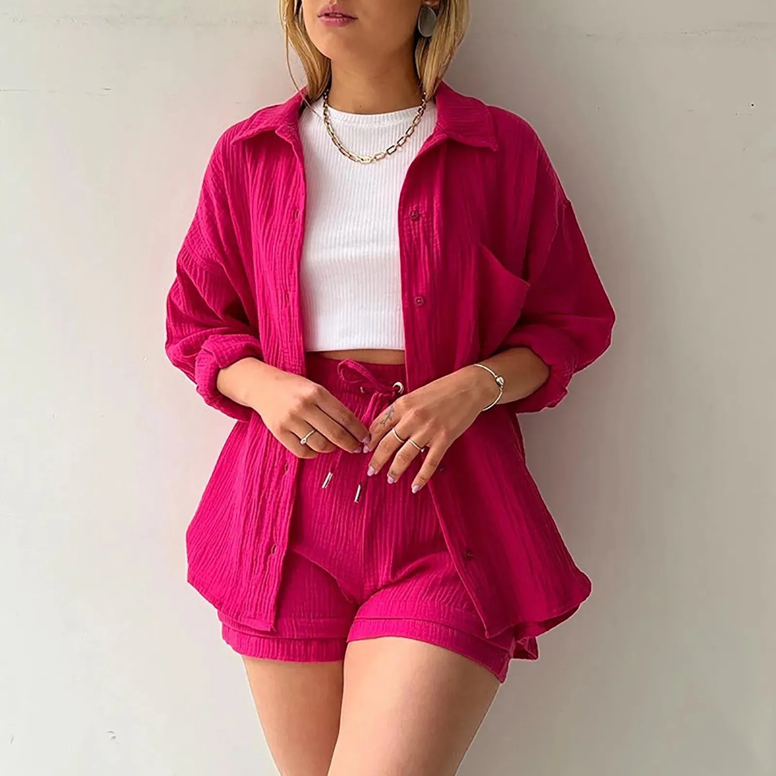 New Hot Pink Fashion Casual Solid Wrinkled Long Beach Summer Set