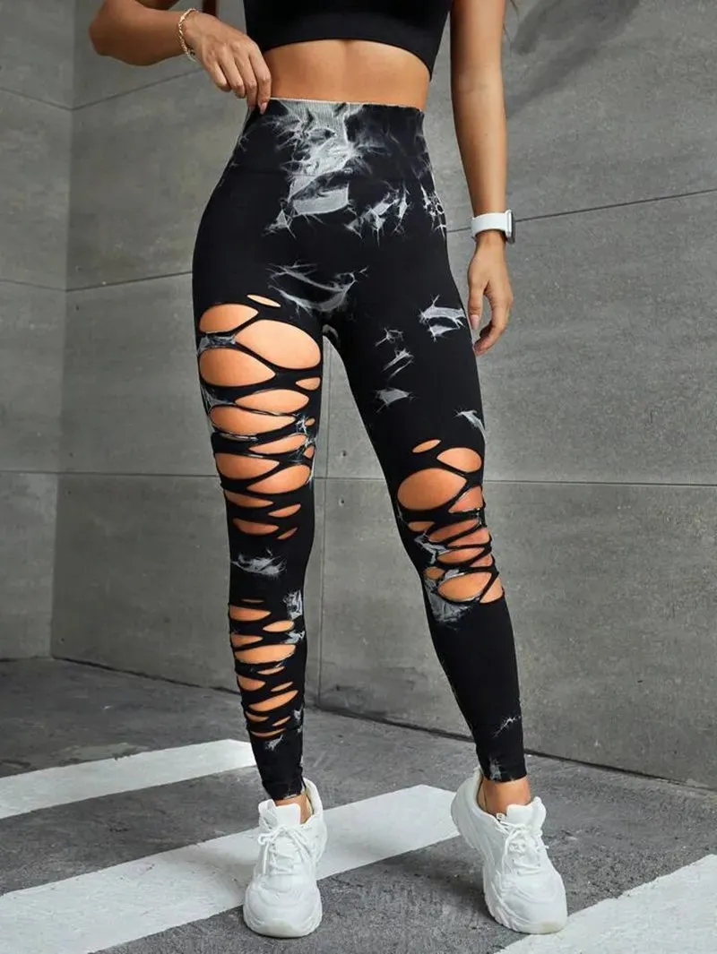 New Sexy Hollow Out Tie Dye Leggings Women Seamless Leggings High Waist Hip Liftting Stretchy Sports Fitness Running Yoga Tights