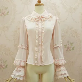 New Sweet Lolita Blouse with Double Layered Lace Collar Classic Women's Shirt