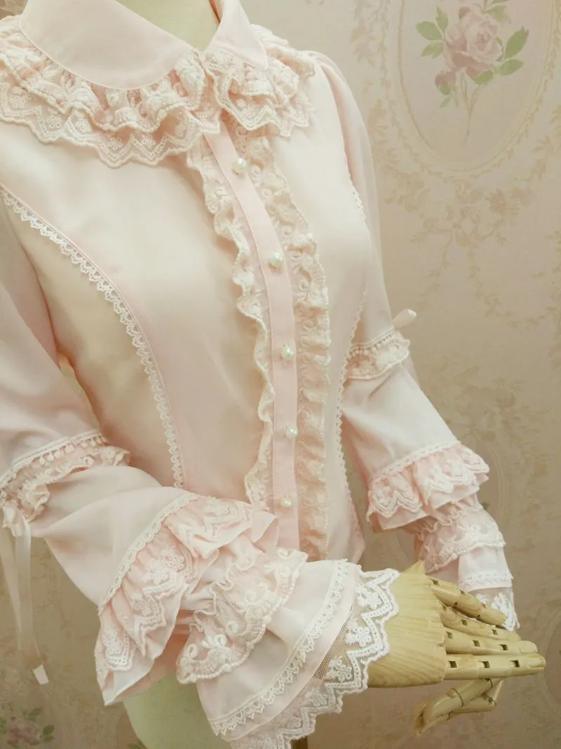 New Sweet Lolita Blouse with Double Layered Lace Collar Classic Women's Shirt