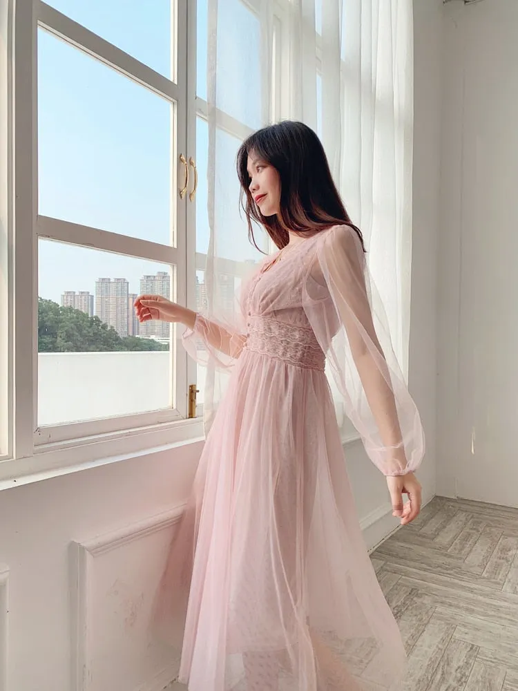 New Women's Dress V-Neck Puff Sleeve Mesh Midi Dress Plus Size Fairy Tulle Lace Dress Elegant Long Dress