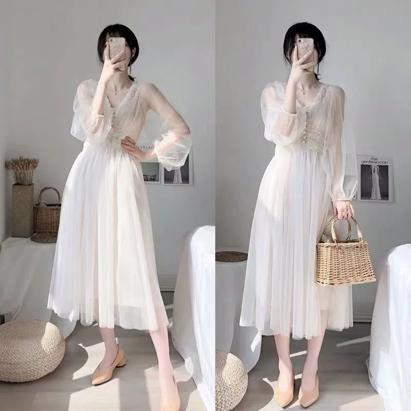 New Women's Dress V-Neck Puff Sleeve Mesh Midi Dress Plus Size Fairy Tulle Lace Dress Elegant Long Dress