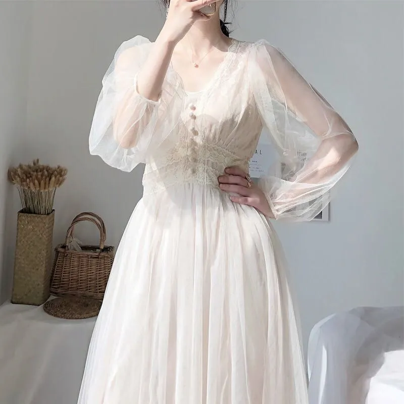 New Women's Dress V-Neck Puff Sleeve Mesh Midi Dress Plus Size Fairy Tulle Lace Dress Elegant Long Dress