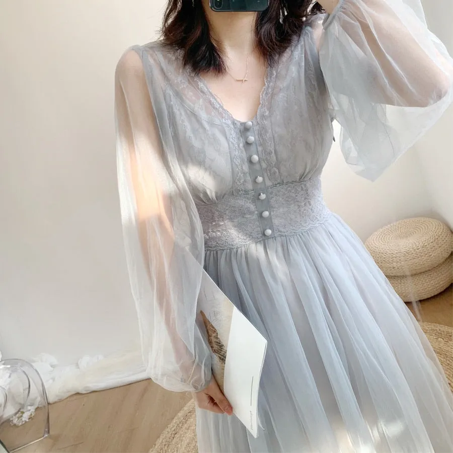 New Women's Dress V-Neck Puff Sleeve Mesh Midi Dress Plus Size Fairy Tulle Lace Dress Elegant Long Dress