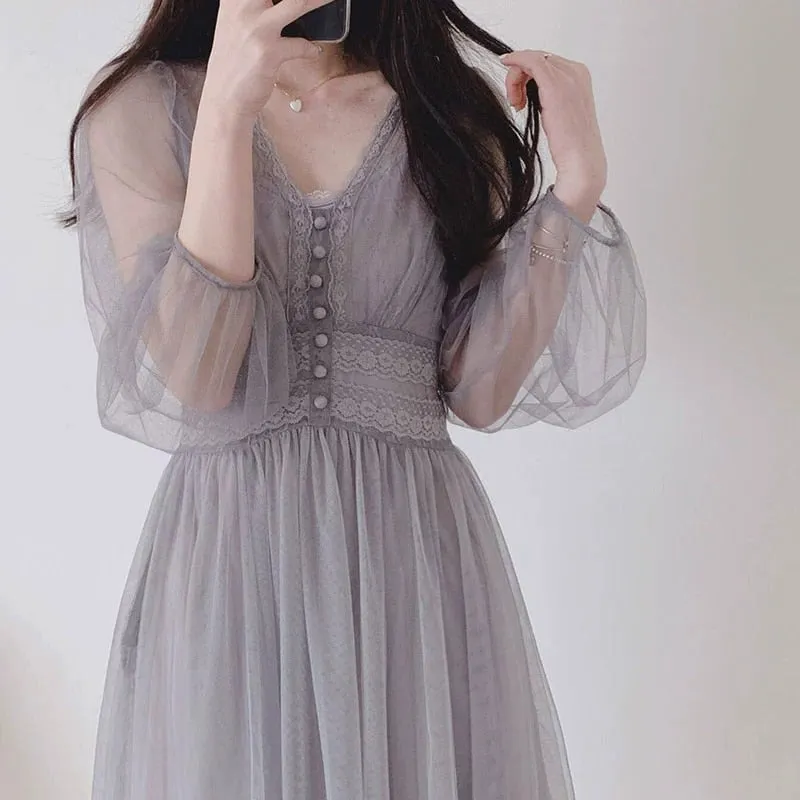 New Women's Dress V-Neck Puff Sleeve Mesh Midi Dress Plus Size Fairy Tulle Lace Dress Elegant Long Dress