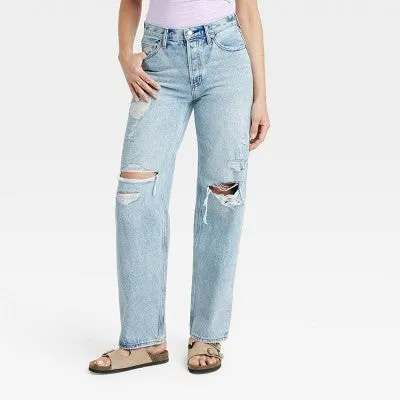 New - Women's Mid-Rise 90's Baggy Jeans - Universal Thread Light Wash Destroy 8