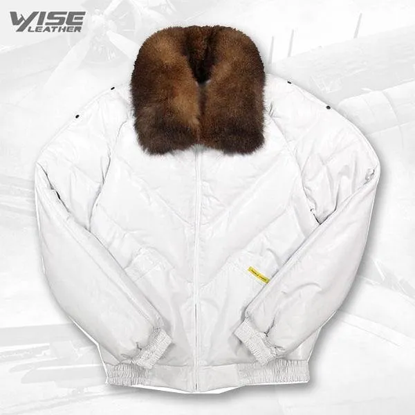 Off-White Premium Lamb Skin V-Bomber Jacket with Fox Collar