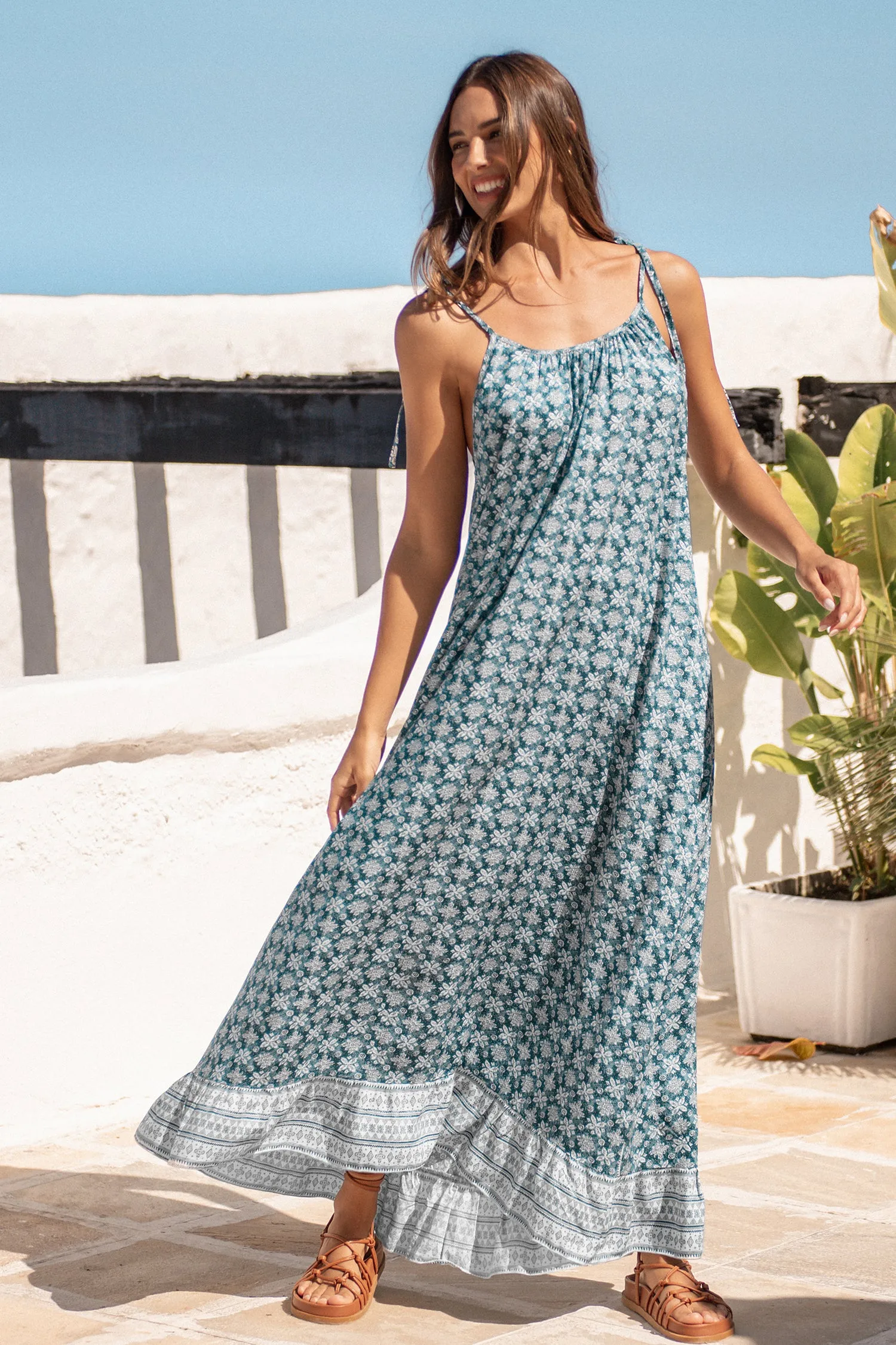 Ornate Print Tie Strap Maxi Dress