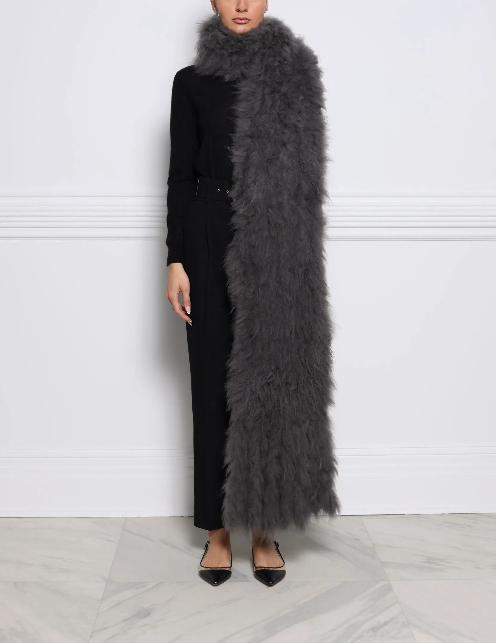 Oversized Knitted Shearling Scarf with Fringe