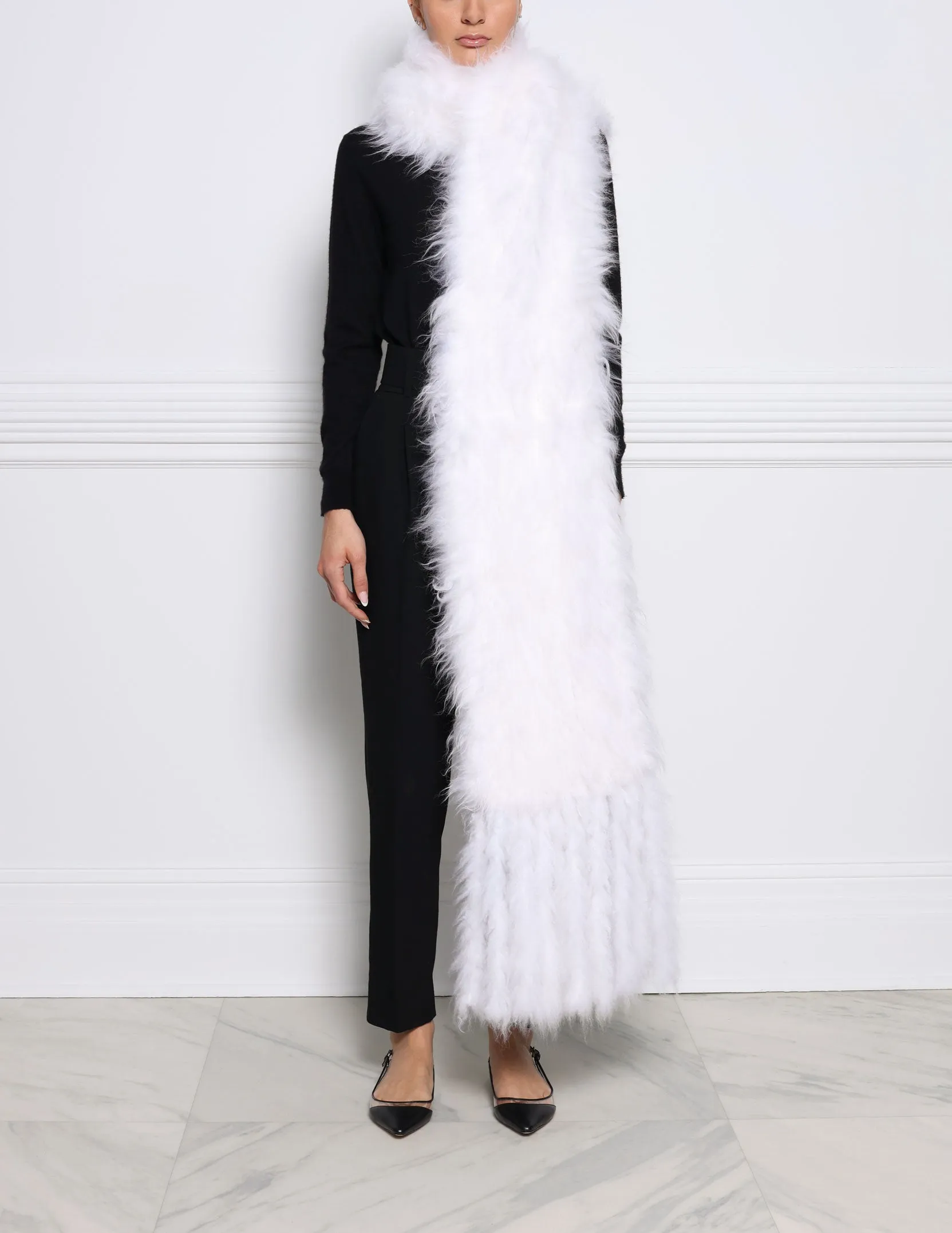 Oversized Knitted Shearling Scarf with Fringe