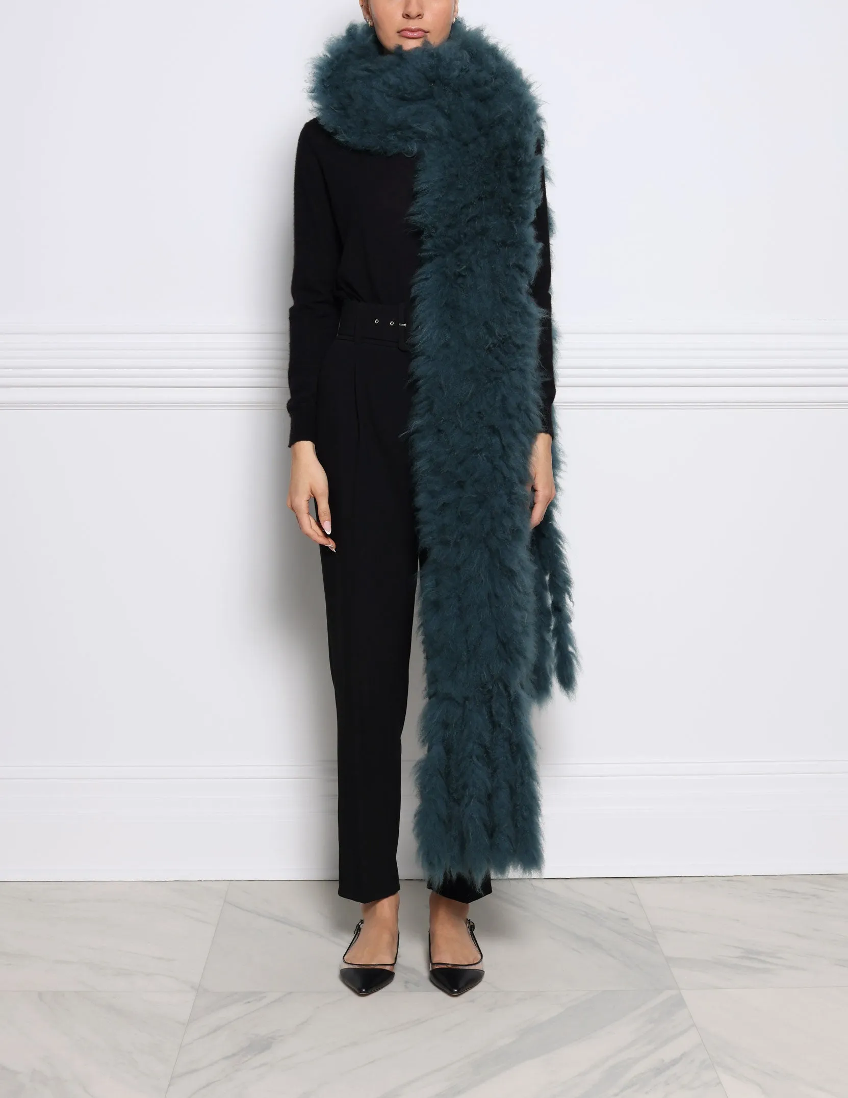 Oversized Knitted Shearling Scarf with Fringe