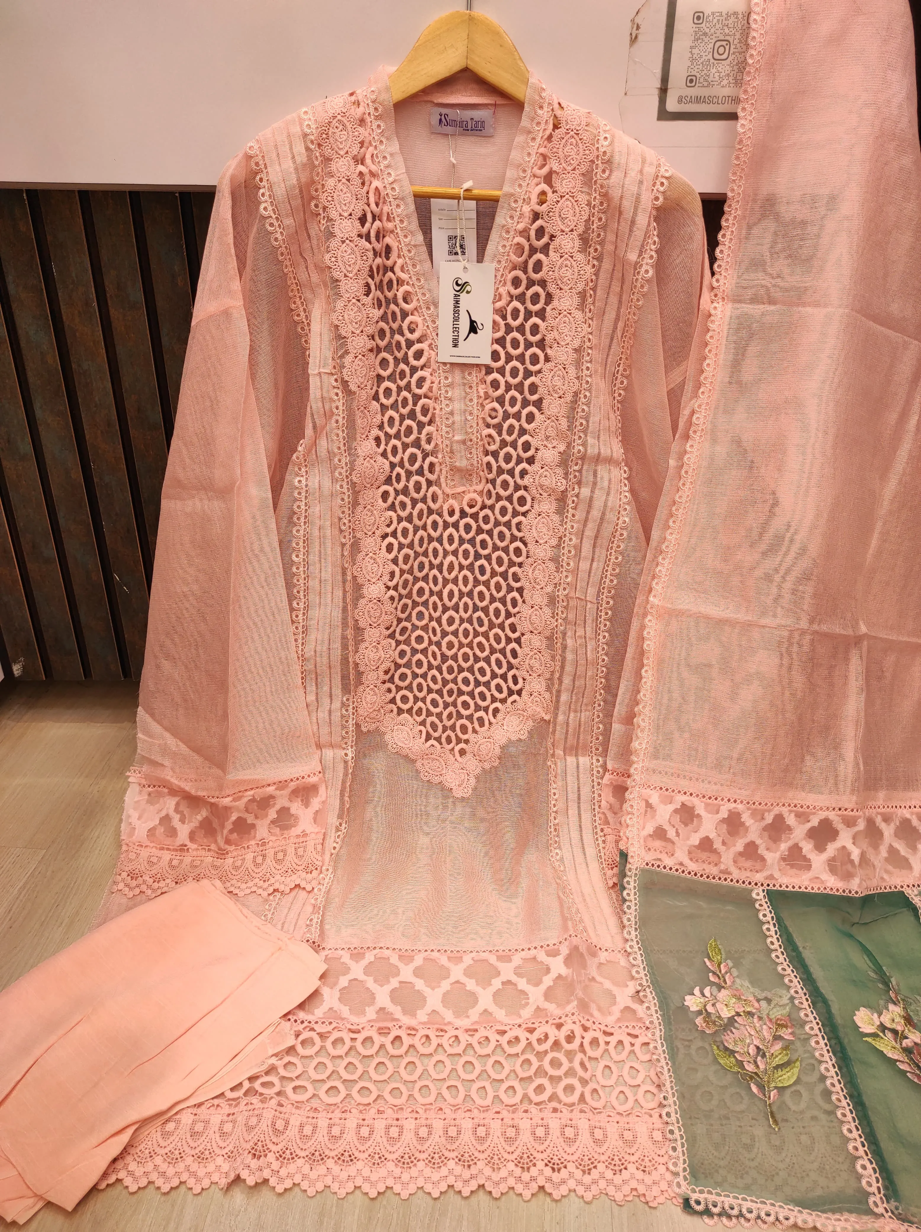 Peach Khaadi Net Semi-stitched Kurta Set