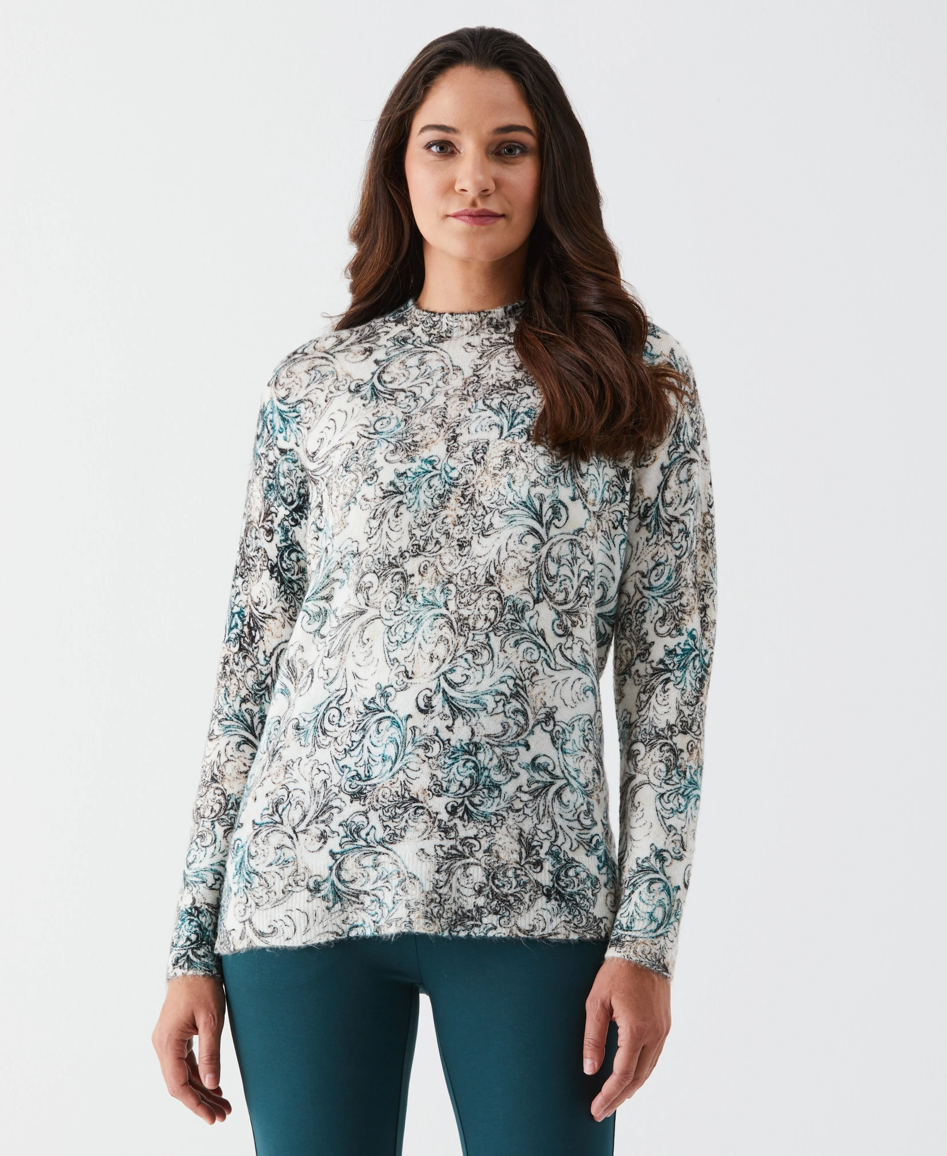 Petite Acanthus Scrolls Print Mock-Neck Pullover Sweater