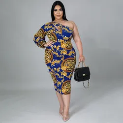 Plus Size Women Clothes Sexy Hollow Out Cutout One-Shoulder Long Sleeve Printed Dress Fishtail Skirt