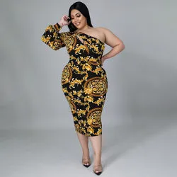 Plus Size Women Clothes Sexy Hollow Out Cutout One-Shoulder Long Sleeve Printed Dress Fishtail Skirt