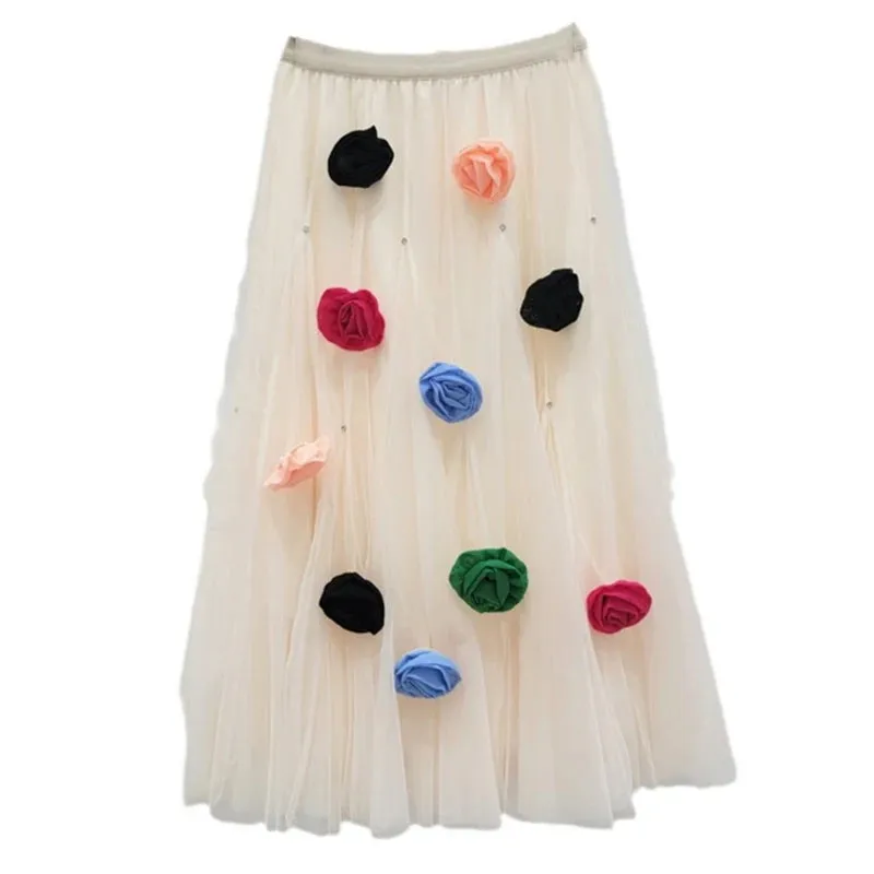 Pre Order:  3D Flower High Elastic Waist A-Line Mesh Skirt