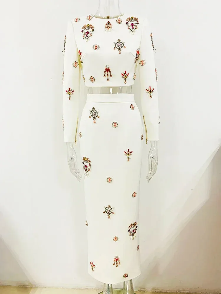 Pre Order: Flower Diamond Inlaid Short Top   Midi Skirt Set