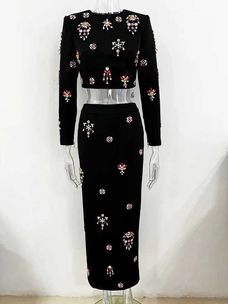 Pre Order: Flower Diamond Inlaid Short Top   Midi Skirt Set