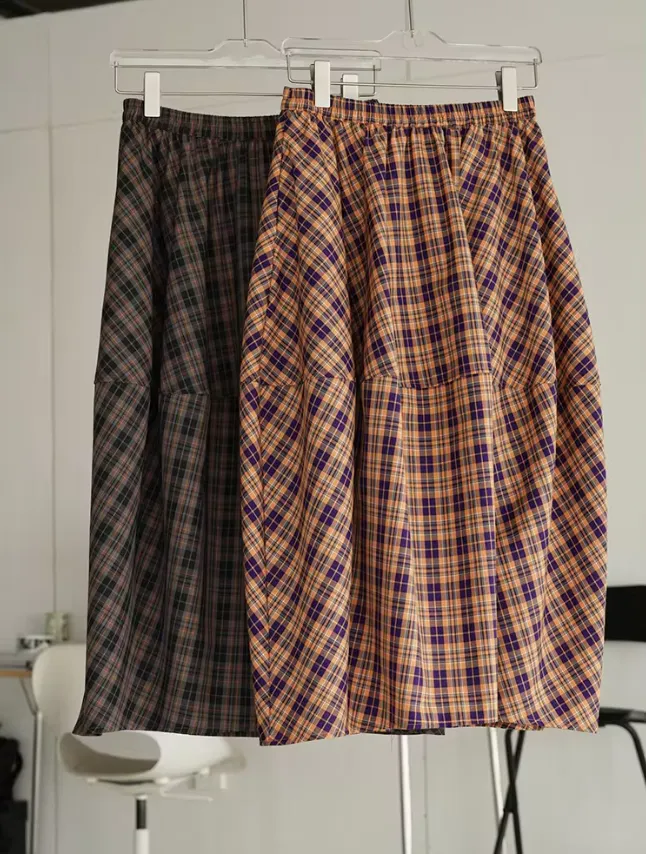 Pre Order:  High Elastic Waist Plaid Vintage Flower Bud Skirt