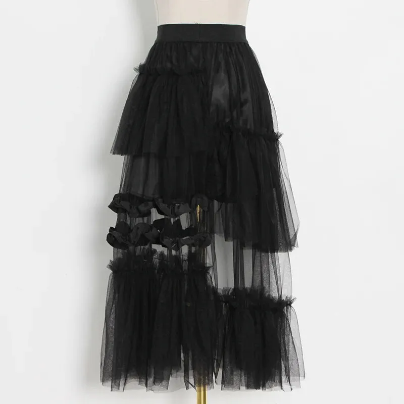 Pre Order:  High Waist Mesh Asymmetrical Hem Skirt